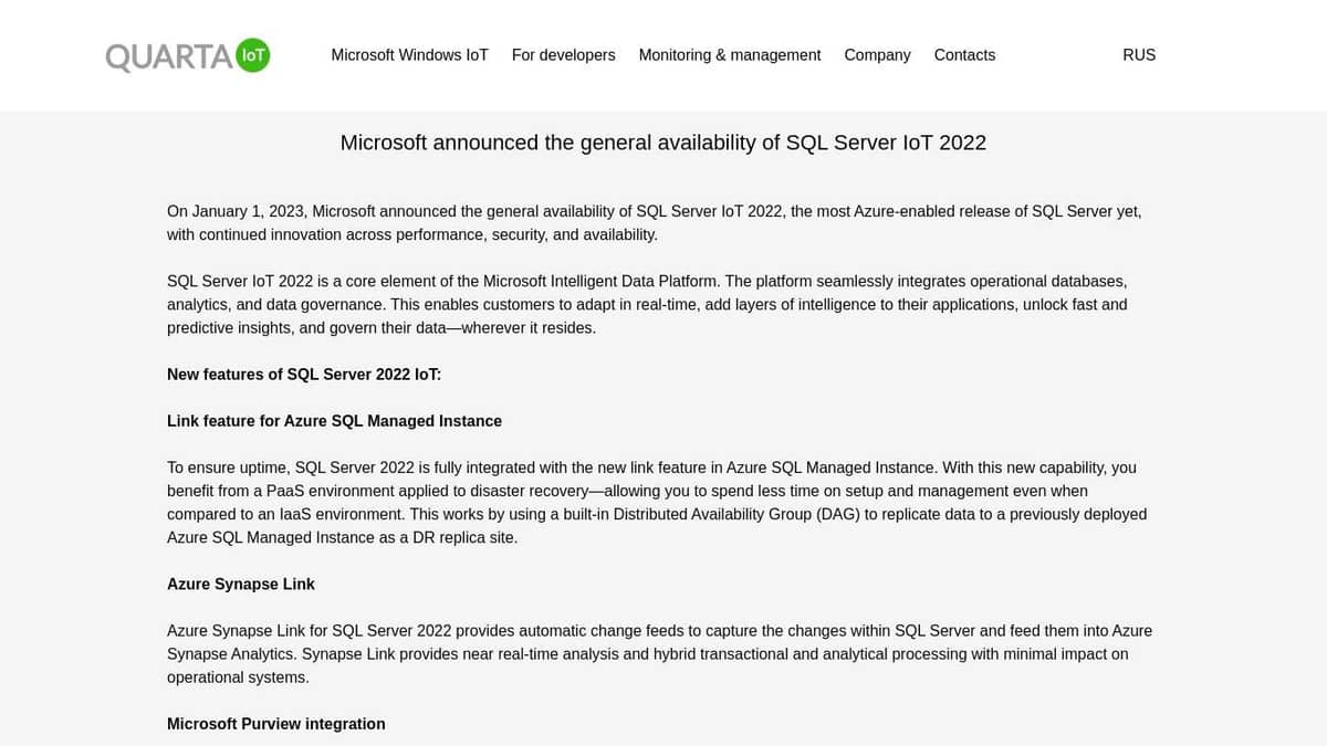 Microsoft announced the general availability of SQL Server IoT 2022